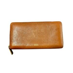Fossil Genuine Leather Wallet Brown Zip Around Vintage organizer Clutch